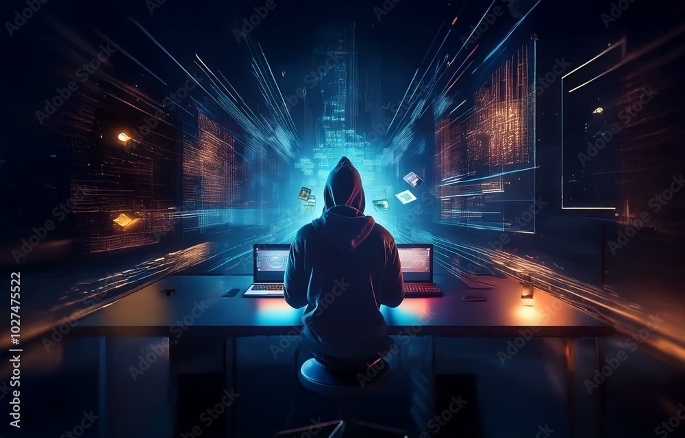 Poster A hooded figure sits at a desk with two open laptops in front of them, a digital city skyline and data streams reflected in the darkness.
