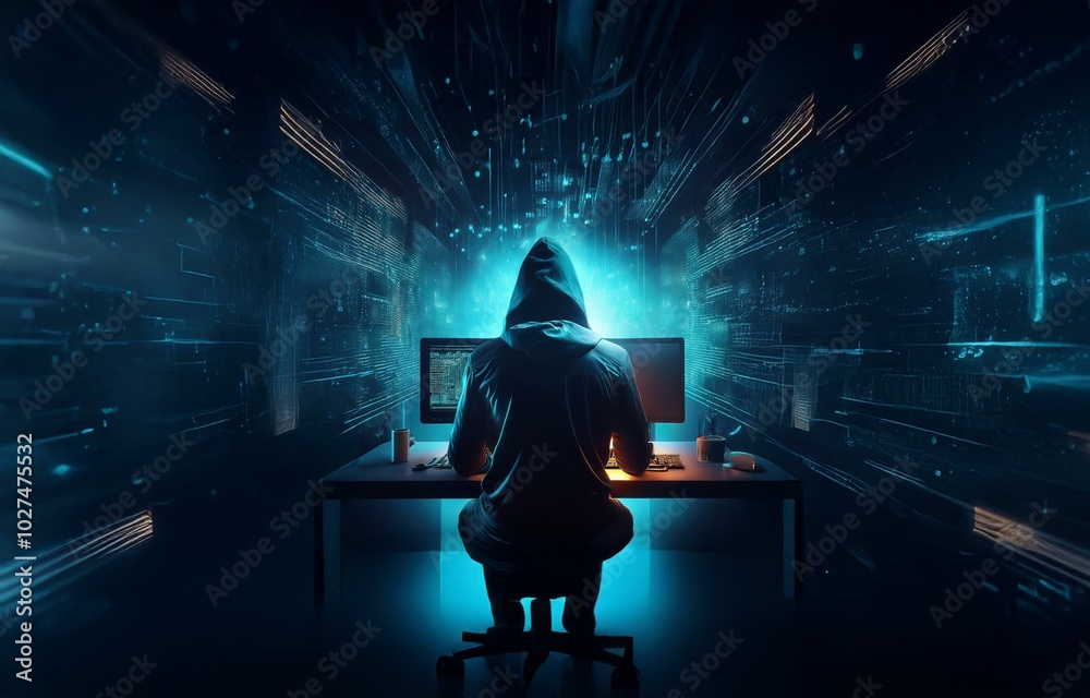Poster a hooded figure sits at a desk in a dark room, illuminated by the blue glow of a computer screen.