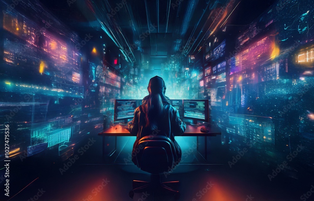 Leinwandbilder a person in a hooded sweatshirt sits at a desk, facing two computer monitors, surrounded by screens 
