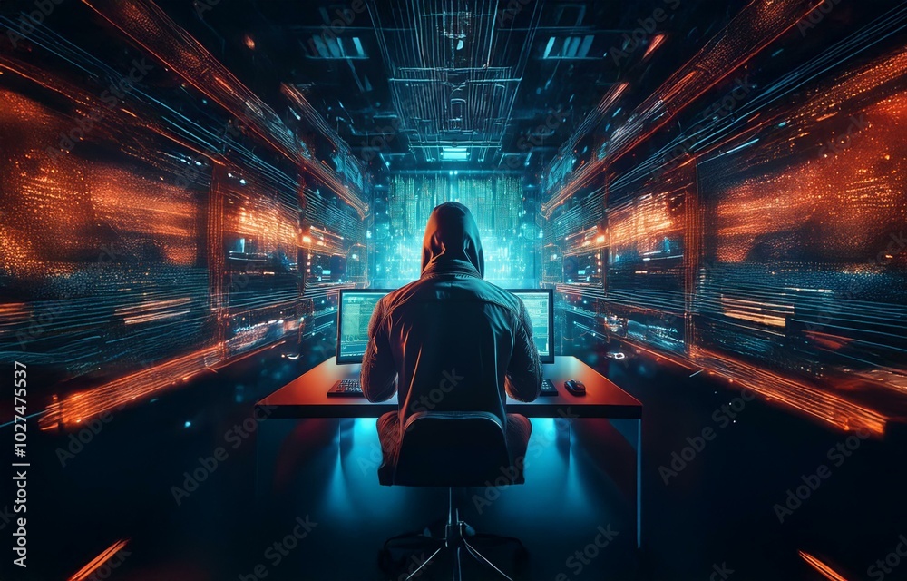 Poster a hooded figure sits in front of a computer with glowing digital lines and streaks behind them in a 