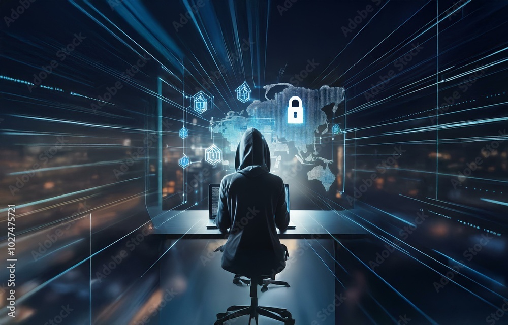 Fototapete A hooded figure sits in front of a computer, facing a large screen with a glowing world map and a padlock icon.