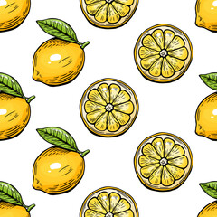 Seamless lemon sketch pattern, slice, engraving and black and white line.