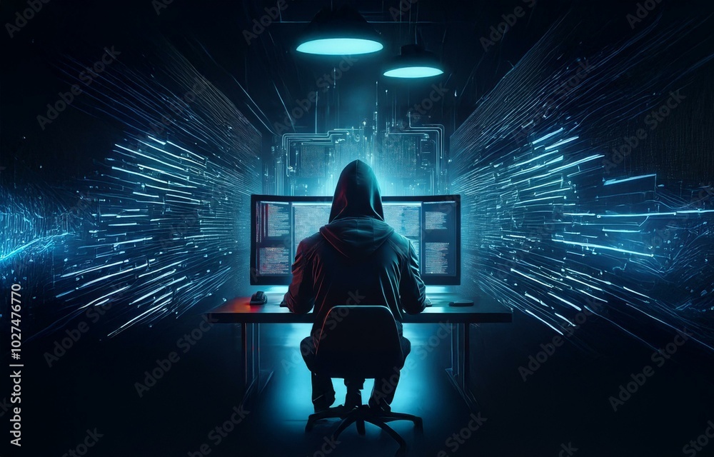 Poster A hooded figure sits in front of multiple computer monitors in a dark room illuminated by blue lights.