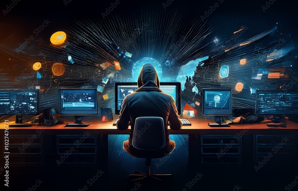 Poster A hooded figure sits in front of a computer, working in a dark room. The screen displays code and a glowing globe.
