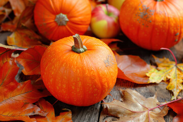 Thanksgiving and Halloween background with orange pumpkins and autumn Leaves