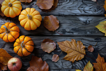 Thanksgiving and Halloween background with orange pumpkins and autumn Leaves on a wooden table with space for text or ads