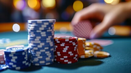 Naklejka premium A dynamic image of poker chips stacked on a casino table, with a hand holding cards, capturing the essence of gaming and excitement in a lively casino atmosphere.
