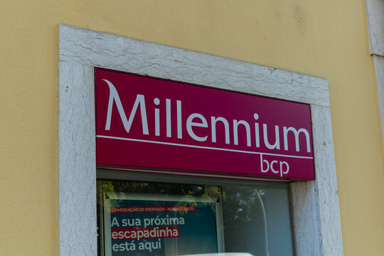 Millennium bcp logo sign. Portuguese Commercial Bank founded in 1985 and is the country's largest private bank. Setubal, Portugal. 10 August 2023. 