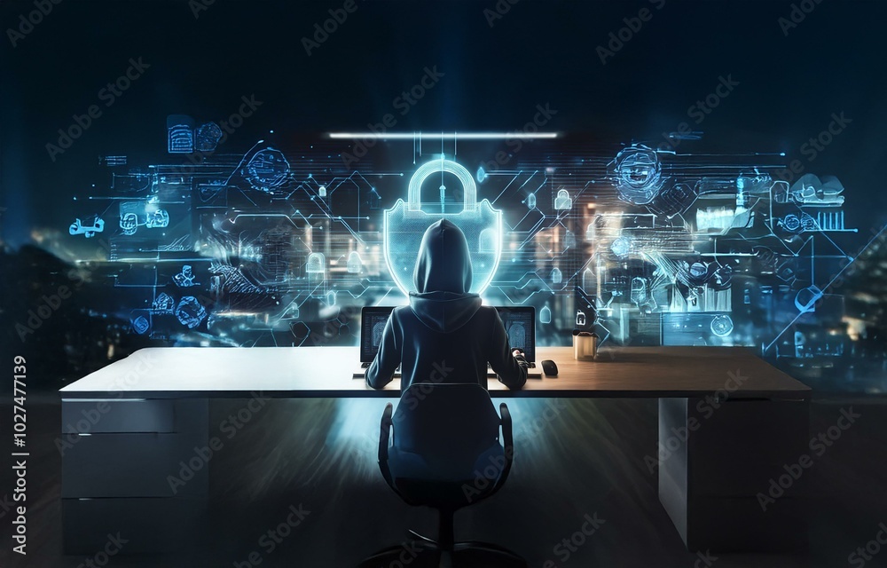 Aufkleber a hooded figure sits at a desk, working on a laptop in front of a screen filled with data and a glow
