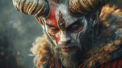An imposing mythical figure with prominent horns and dramatic face paint, encapsulating a sense of heroism and otherworldly power within an enchanting setting.