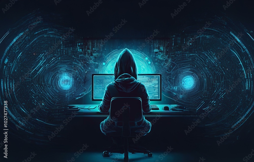 Poster A hooded figure sits in front of a computer screen, illuminated by blue light emanating from the screen and the background.