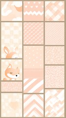 A collection of 15 seamless patterns in various pink shades and designs, featuring cute fox illustrations.