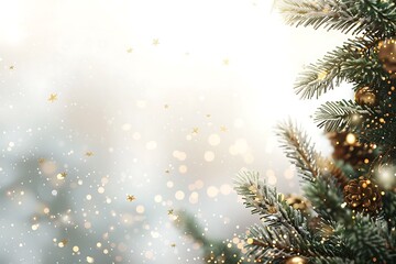Festive Christmas Frame with Fir Branches and Bokeh Effects