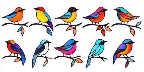 Obraz premium Collection of vibrant stained-glass style birds perched on branches, set against a clean white background for decorative design