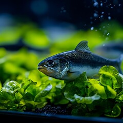 Fototapeta premium A silver fish swims through lush green lettuce.