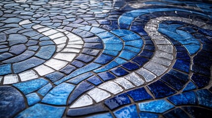 A dynamic abstract mosaic with wavy patterns crafted from vivid blue tiles, depicting fluid movement and artistic synergy with subtle three-dimensional effect.