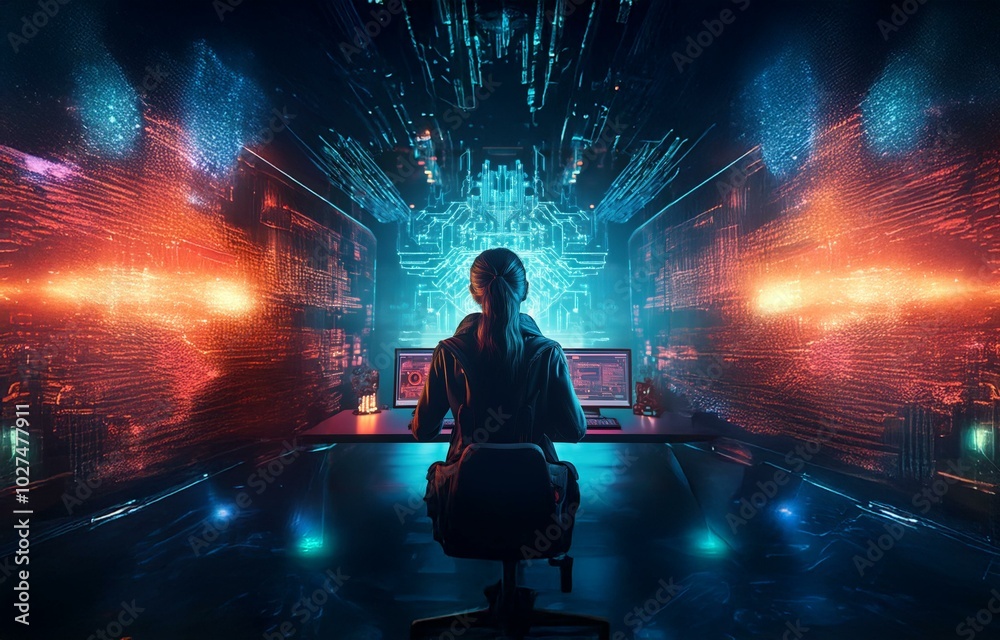Poster a woman sits in front of a computer in a dark room with glowing blue and red light.
