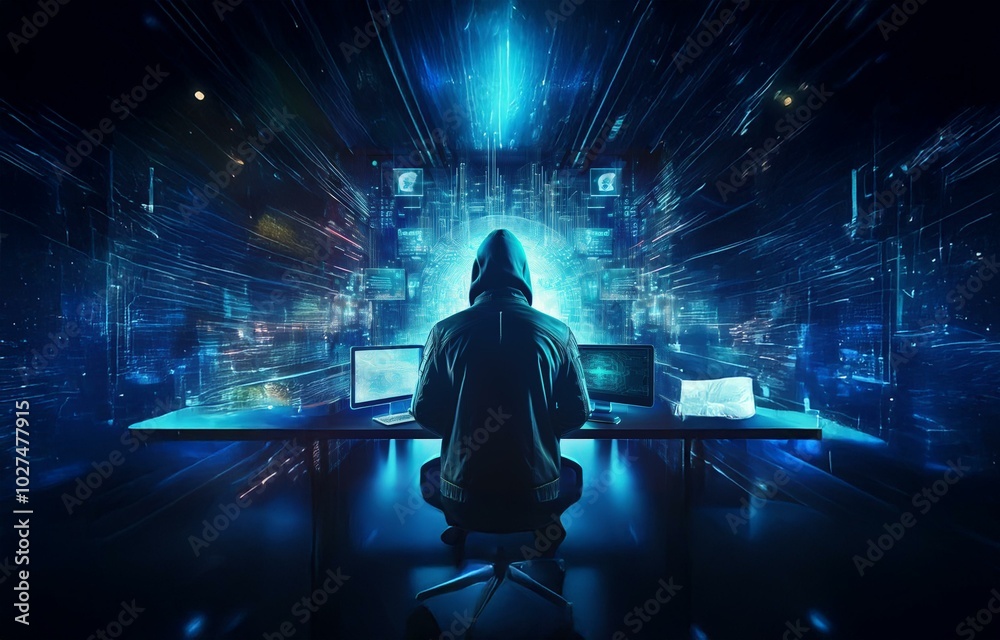 Poster a hooded figure sits in front of a computer screen, bathed in a blue digital glow.