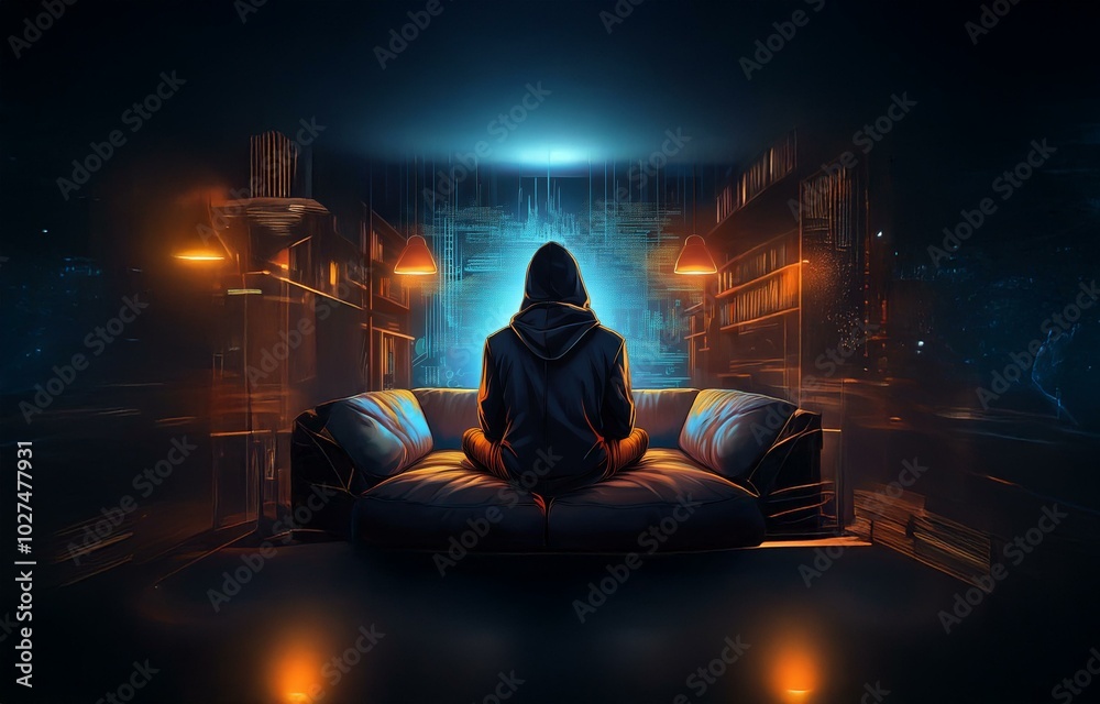 Fototapete A hooded figure sits alone on a couch in a dimly lit room.  The figure appears to be focused on a screen displaying digital information.