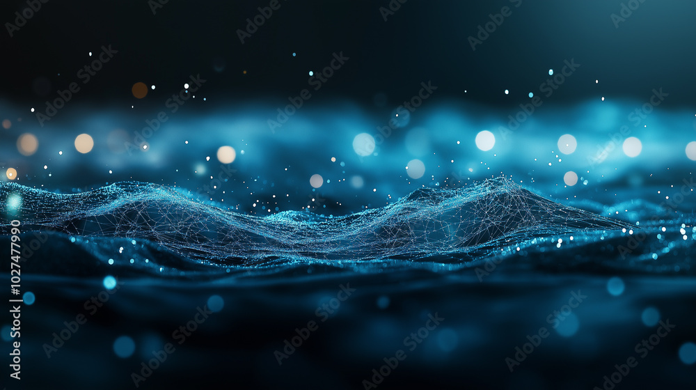 Poster abstract tech background in the form of blue waves, consisting of a large number of digital connecti