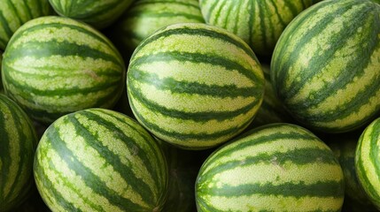 A large heap of fresh green watermelons with distinctive light and dark green stripes, reflecting freshness, abundance, and the cheerful feeling of summer harvest.