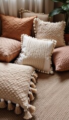 Textured decorative pillows in soft neutral colors arranged on a cozy floor setting with plants