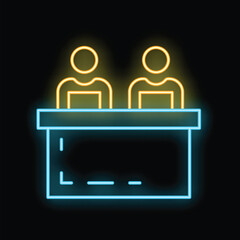 Glowing neon line icon of two politicians or business people sitting at table on black background