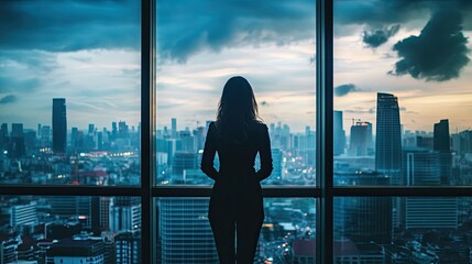 Fototapeta premium Businesswoman by Large Window Overlooking Cityscape