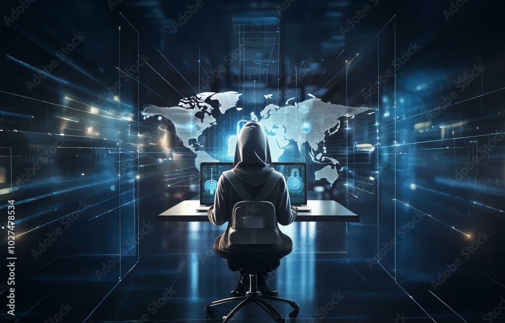 Fototapete A hooded figure sits at a desk in front of two laptops, a world map with security symbols behind them.