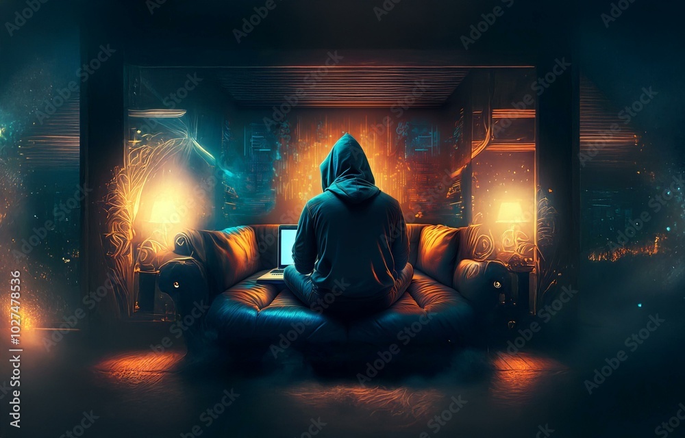 Poster a hooded figure sits on a couch in a dimly lit room, using a laptop, with glowing lines in the backg