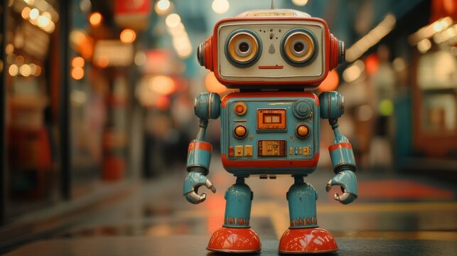 A colorful retro robot toy, reminiscent of joyful childhood memories, standing in a vibrant, bustling marketplace, evoking a blend of nostalgia and playful wonder.