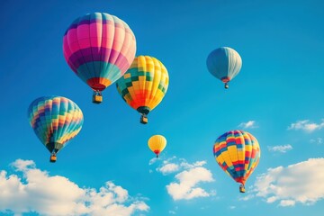 Naklejka premium Brightly colored hot air balloons float gracefully in the clear blue sky, creating a festive atmosphere on a sunny day. Generative AI