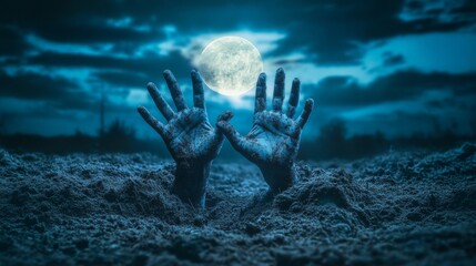 Zombie hands rising from the grave in front of full moon