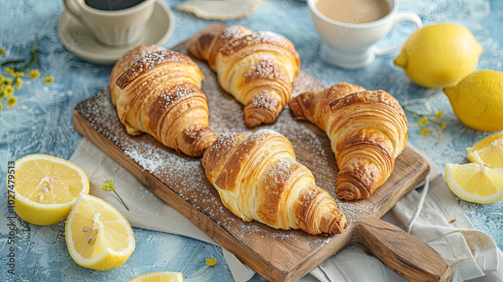 Wall mural Four freshly baked croissants dusted with powdered sugar on a wooden cutting board, accompanied by lemons and two cups of coffee.