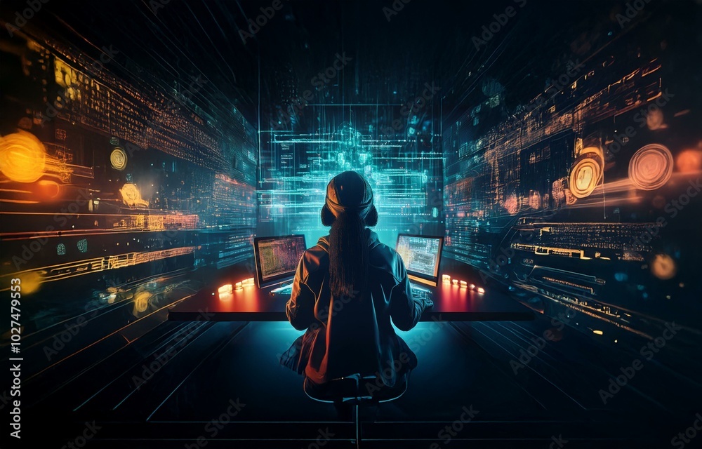 Poster a person wearing a hooded jacket and headphones sits at a desk facing a large screen displaying blue