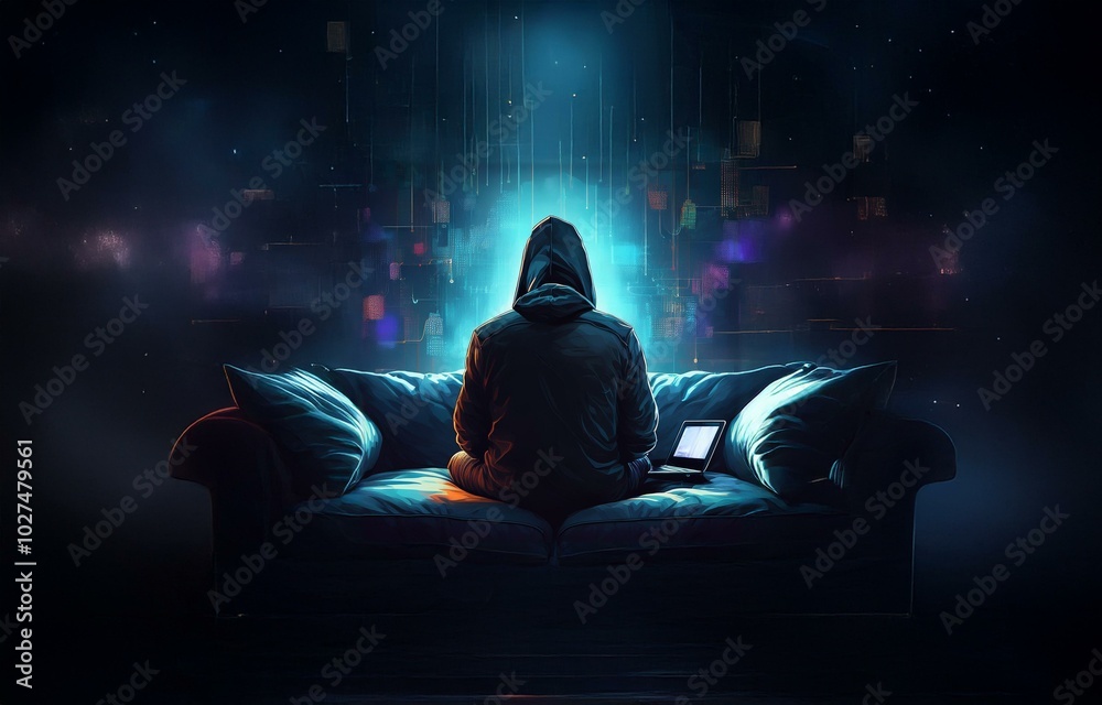 Poster a hooded figure sits on a couch, facing away from the viewer, using a laptop in a dimly lit room. th