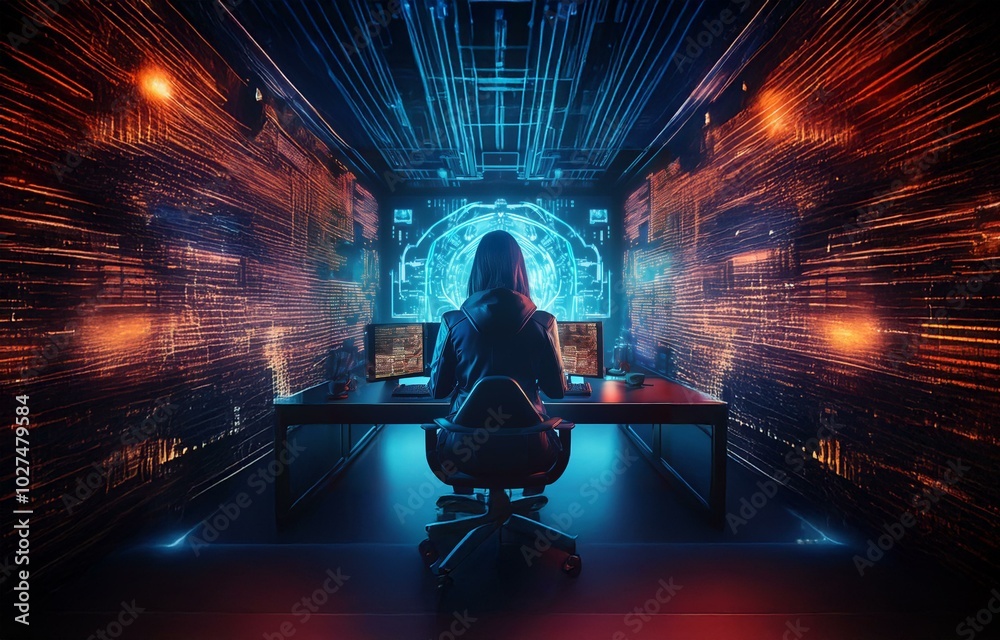 Aufkleber a hooded figure sits in front of a computer, surrounded by a room bathed in red and blue light.