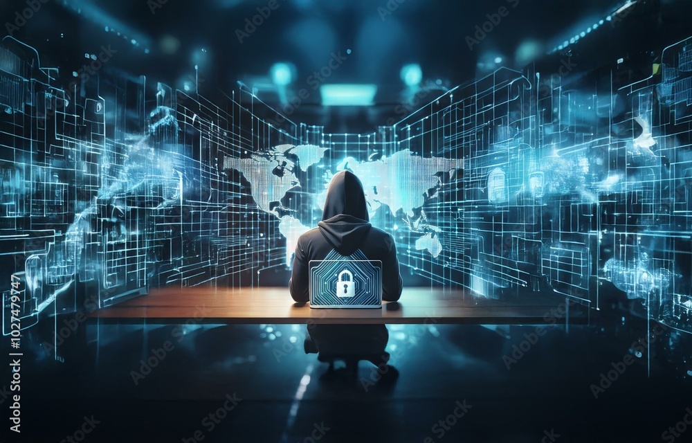 Poster A hooded figure sits in front of a laptop, facing a glowing world map made of digital lines.