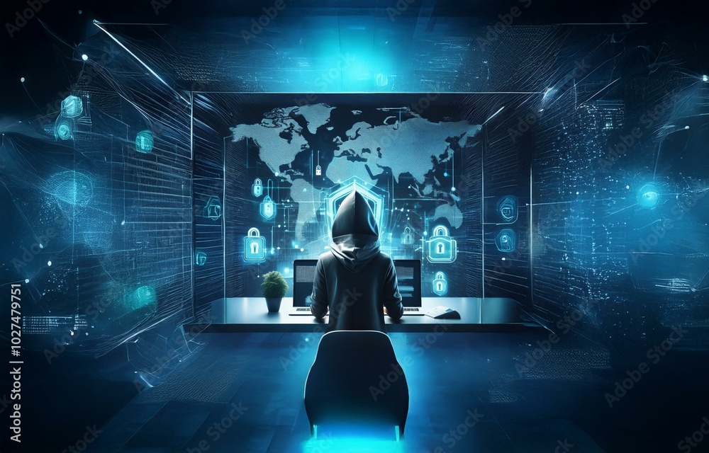 Poster A hooded figure sits in a dark room, working on a computer, with a glowing world map and digital security symbols behind them.