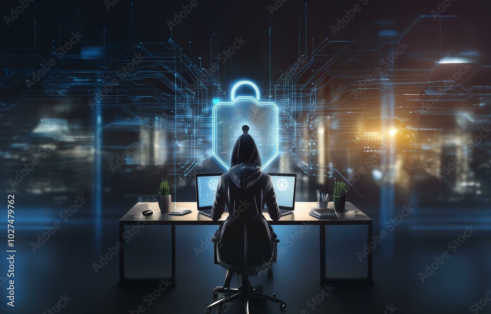 Poster A hooded figure sits at a desk in front of two glowing computer screens with a large padlock symbol in the background.