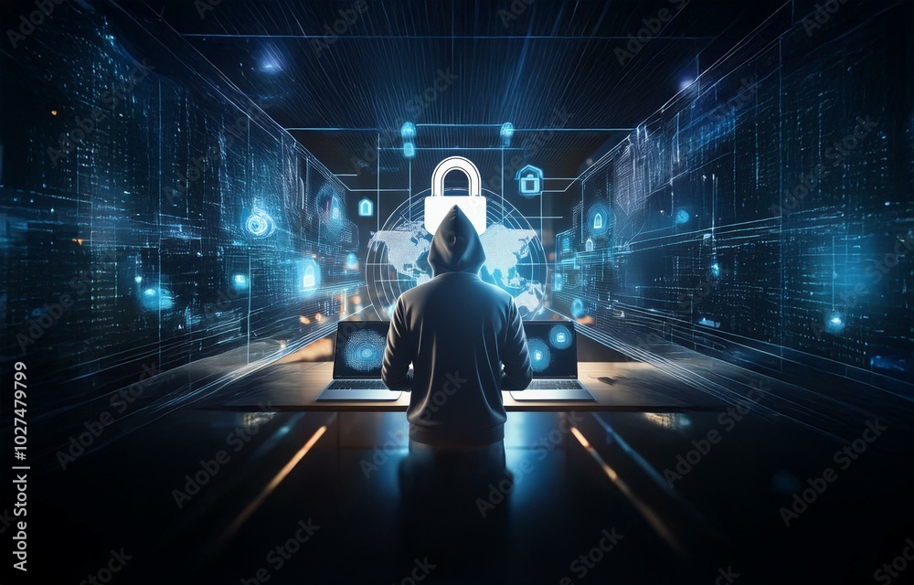 Fototapete A hooded figure sits at a desk in front of two laptops, surrounded by a digital world filled with glowing lines and symbols.