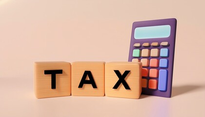 Calculator and wooden blocks spelling tax on a white isolate background.