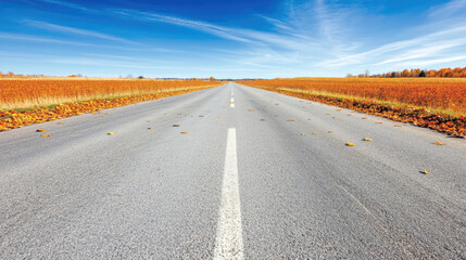Fototapeta premium Autumnal Road with Golden Fields and Crisp Blue Sky