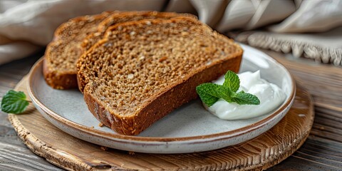 Slices of homemade brown bread with sour cream on a white plate.