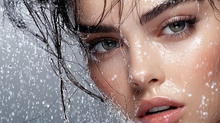 Drenched in water, a woman's captivating gaze and glossy red lips create dramatic contrast in soft light