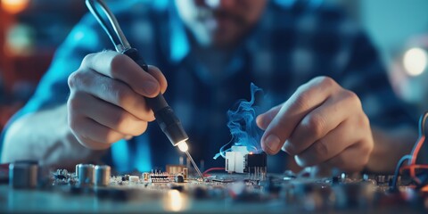 A skilled technician meticulously solders electronic components onto a circuit board, focusing on precision and the meticulous craftsmanship involved in electronics work.