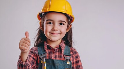 Cute Little Girl in Construction Helmet Giving Thumbs Up