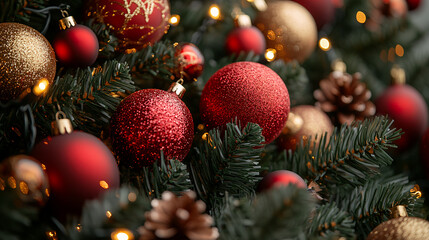 Fototapeta premium christmas, ornament, tree, christmas ornament, christmas tree, holy night, fireplace, present, glitter, red, gold, white, green, blue, white, light, snow, gift, decoration, holiday, box, xmas, celebra