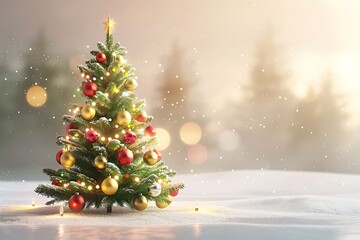 Obraz premium Vibrant Golden Christmas Tree in Snowy Setting