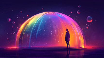 Obraz premium Person standing in glowing rainbow bubble in starry sky